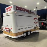 Custom square food trailer for sale – Droopy's Red Hots hot dog and fries full wrap design by Isabella Trailer