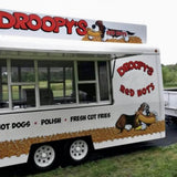 Custom square food trailer side view – Droopy's Red Hots full wrap hot dogs polish fries by Isabella Trailer