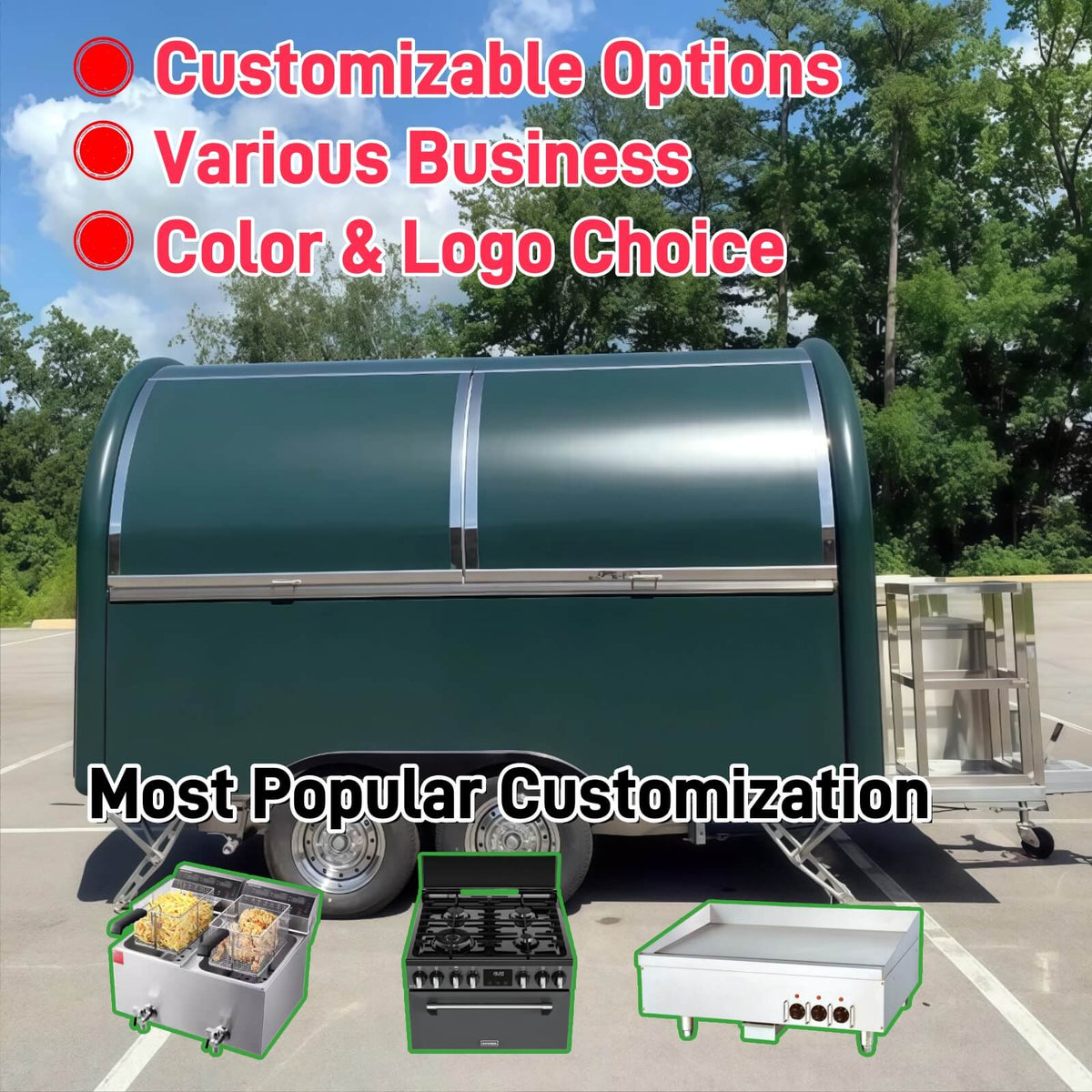 Side view of a dark green rounded concession trailer with dual axle chassis and two service windows.