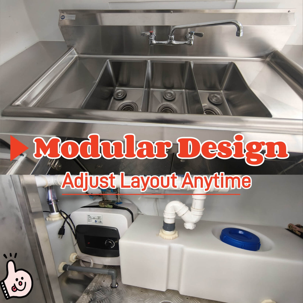 Water system inside the food trailer featuring a 3-compartment stainless steel sink and plumbing installation.