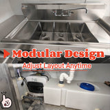 Water system inside the food trailer featuring a 3-compartment stainless steel sink and plumbing installation.
