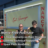 Food trailer business owners standing in front of their custom mobile kitchen after a successful operation