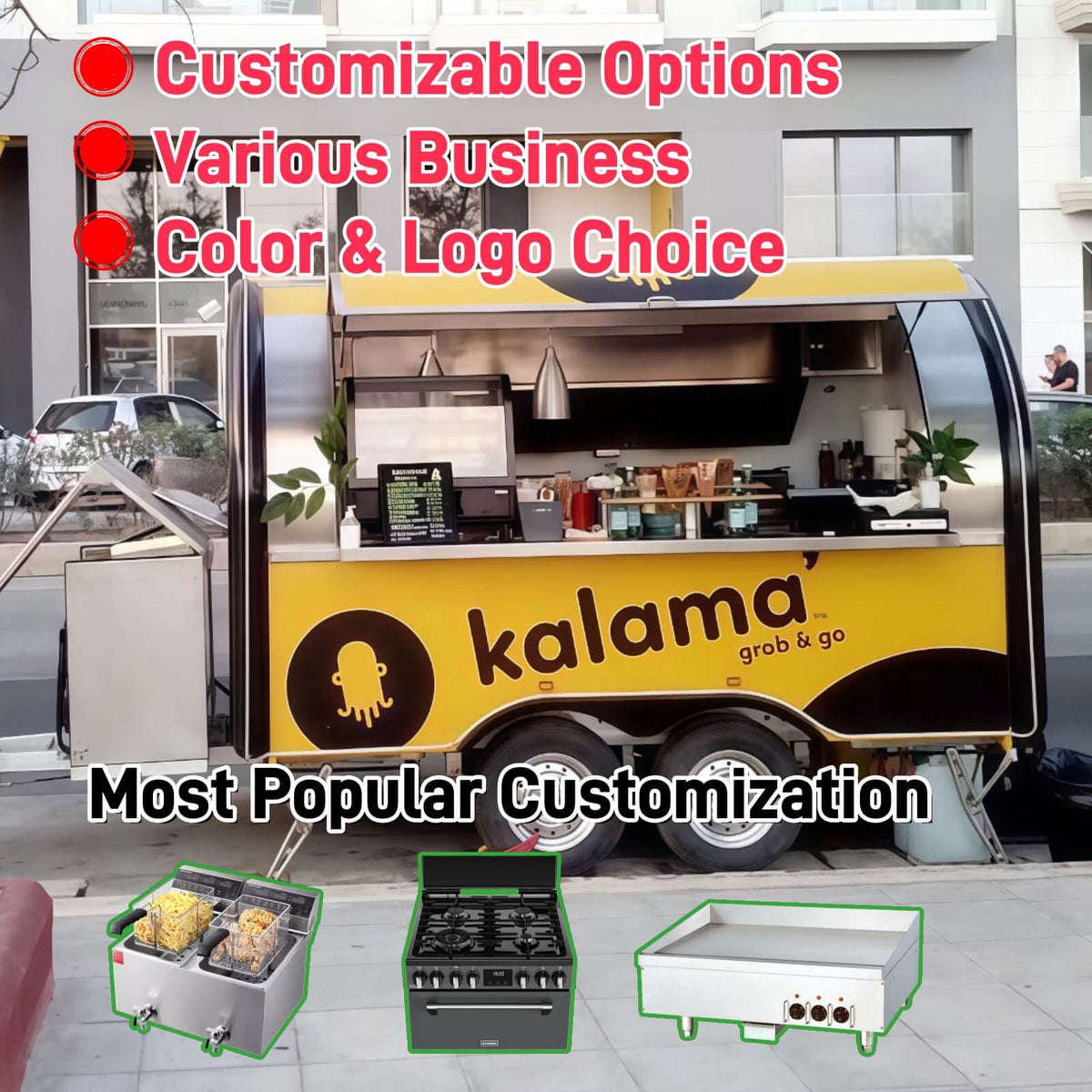Yellow grab-and-go food trailer with an open service window revealing the stainless steel kitchen interior.