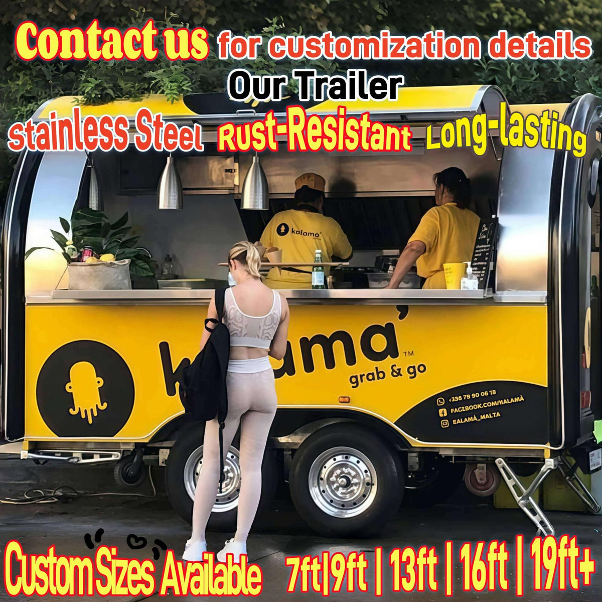 Customers ordering at the service window of a yellow grab-and-go food trailer during street operation.