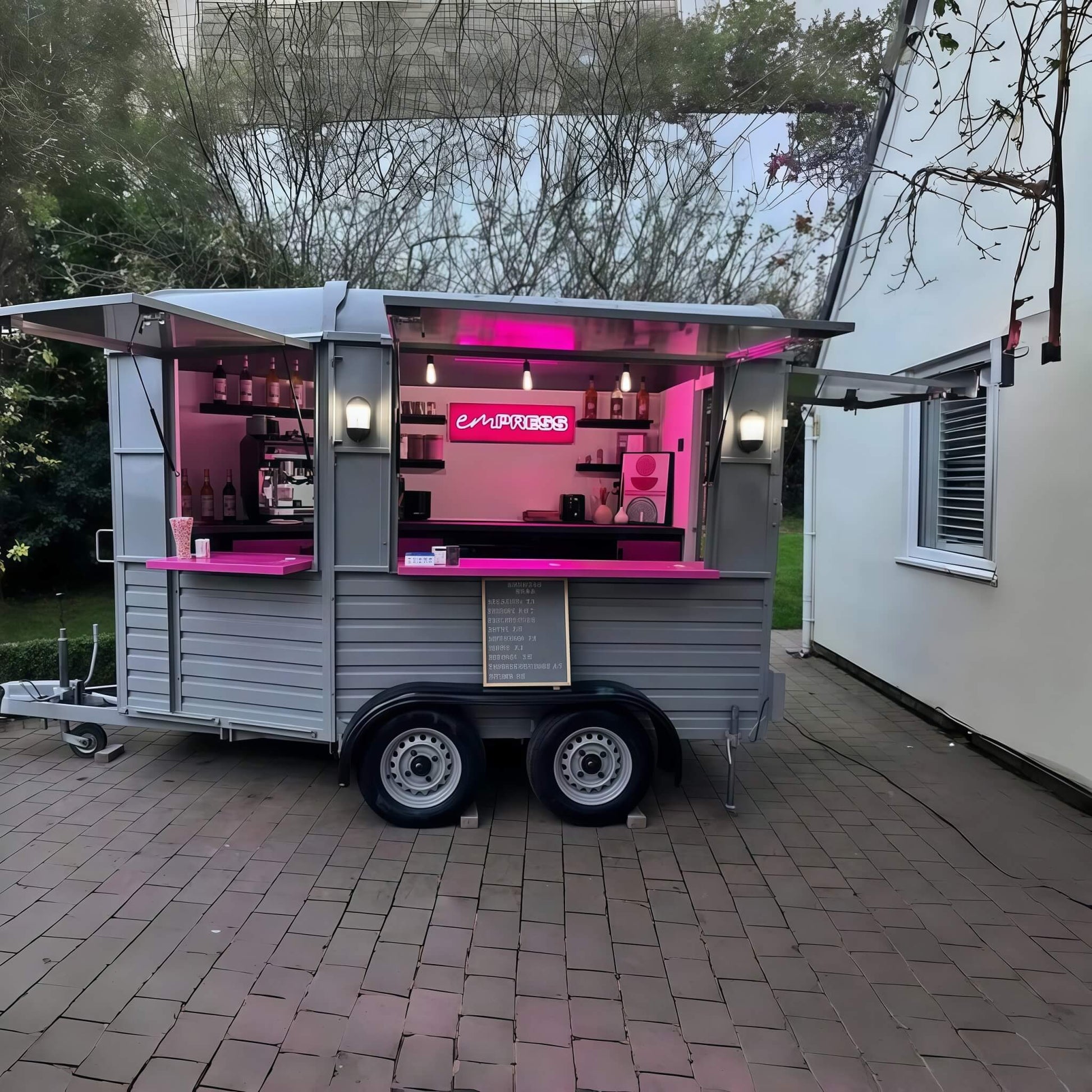 Horse trailer mobile bar at night – pink neon lighting espresso setup Empress branding by Isabella Trailer