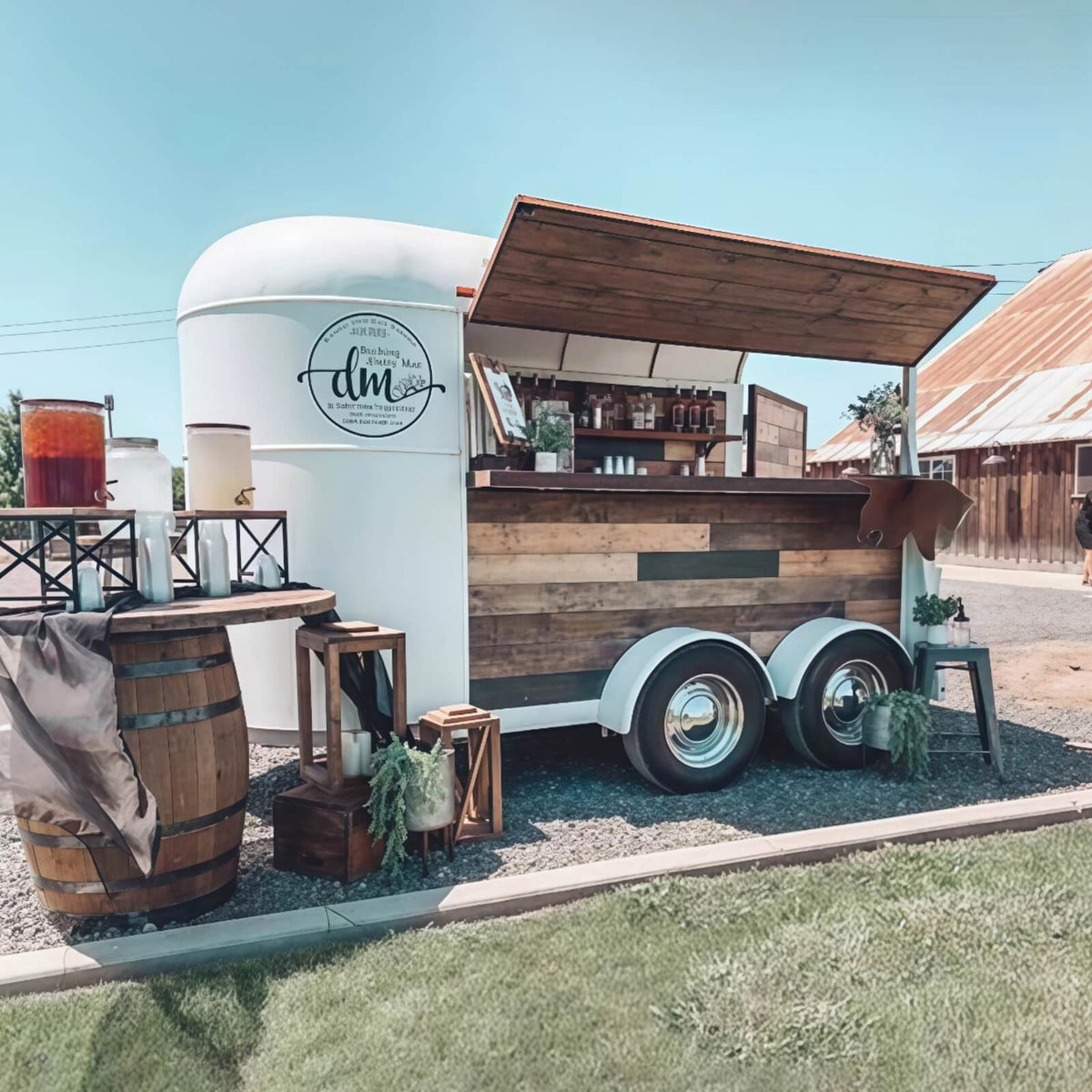 Horse trailer mobile bar with wood counter – DM Bar rustic outdoor beverage station by Isabella Trailer