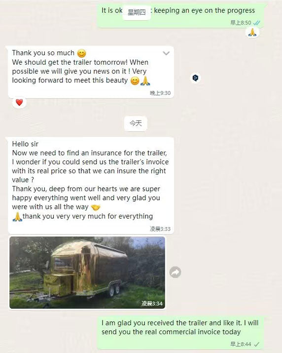 Isabella Trailer customer review – gold airstream trailer delivered to Europe, client says super happy everything went well