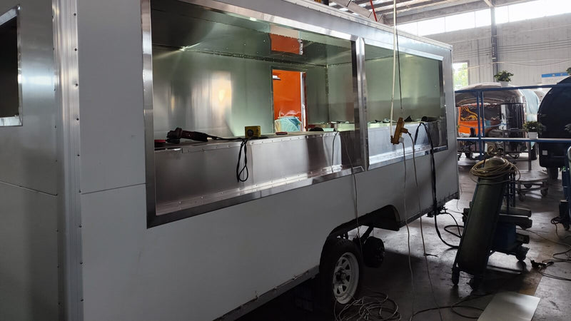 Square food trailer body under construction at Isabella Trailer factory – Zhengzhou China
