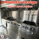 Interior detail of a custom kebab trailer featuring stainless steel work surfaces, commercial cooking equipment, and preparation areas.