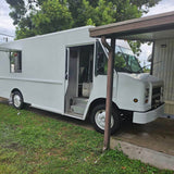 White step van Mexican food truck with side door open – blank canvas ready for custom wrap and full kitchen build