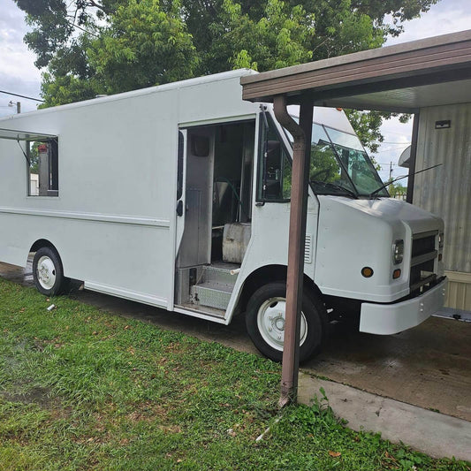 White step van Mexican food truck with side door open – blank canvas ready for custom wrap and full kitchen build