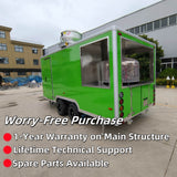 A green custom pizza food trailer showcasing alternative exterior color options and custom paint finishes available from the manufacturer.
