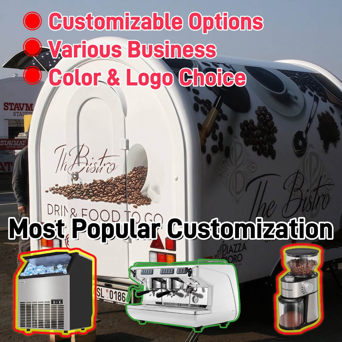 Side view of a rounded coffee trailer showing the entrance door and closed service window.