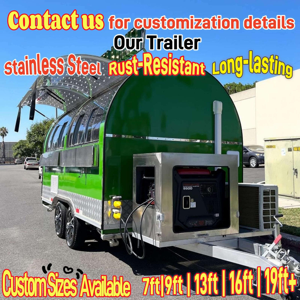 Front angle view of a rounded concession trailer showing the heavy-duty generator box mounted on the front chassis