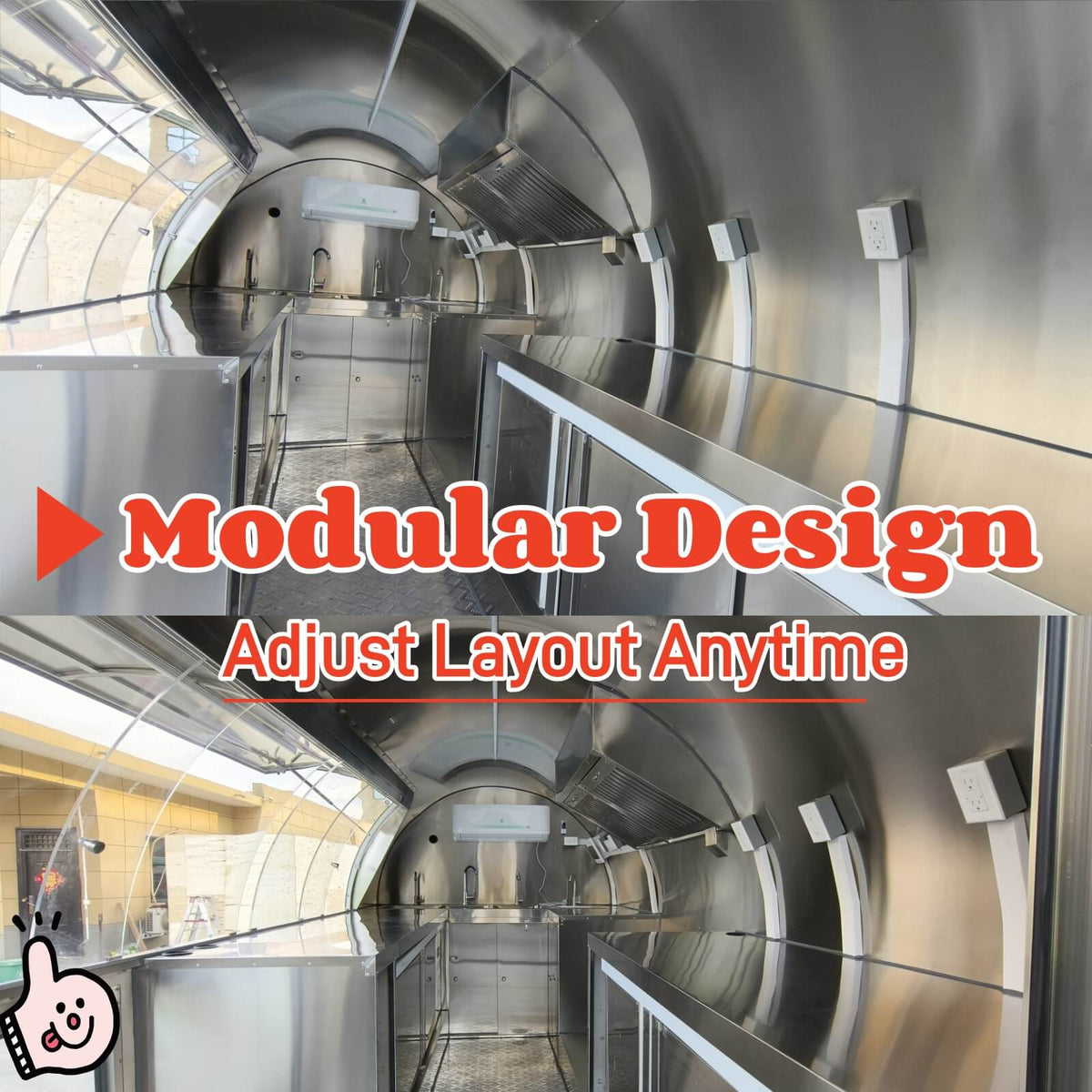 Interior view of a rounded concession trailer featuring a built-in air conditioner and customizable stainless steel workspace.