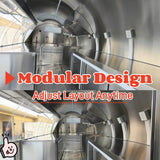 Interior view of a rounded concession trailer featuring a built-in air conditioner and customizable stainless steel workspace.