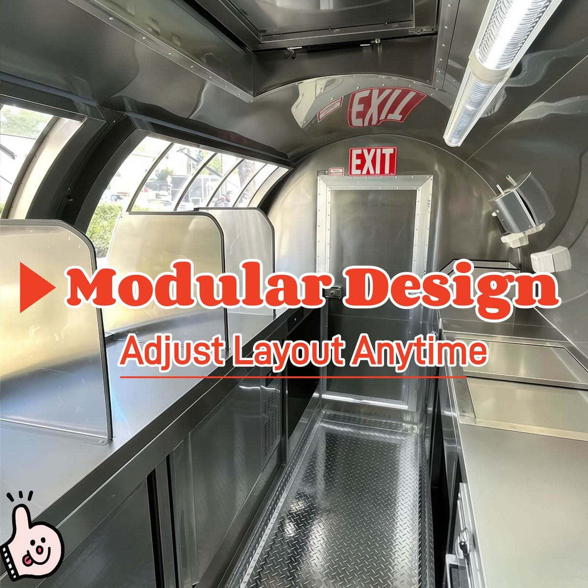 Interior view of a rounded concession trailer showcasing stainless steel countertops with modular dividers and a diamond plate floor