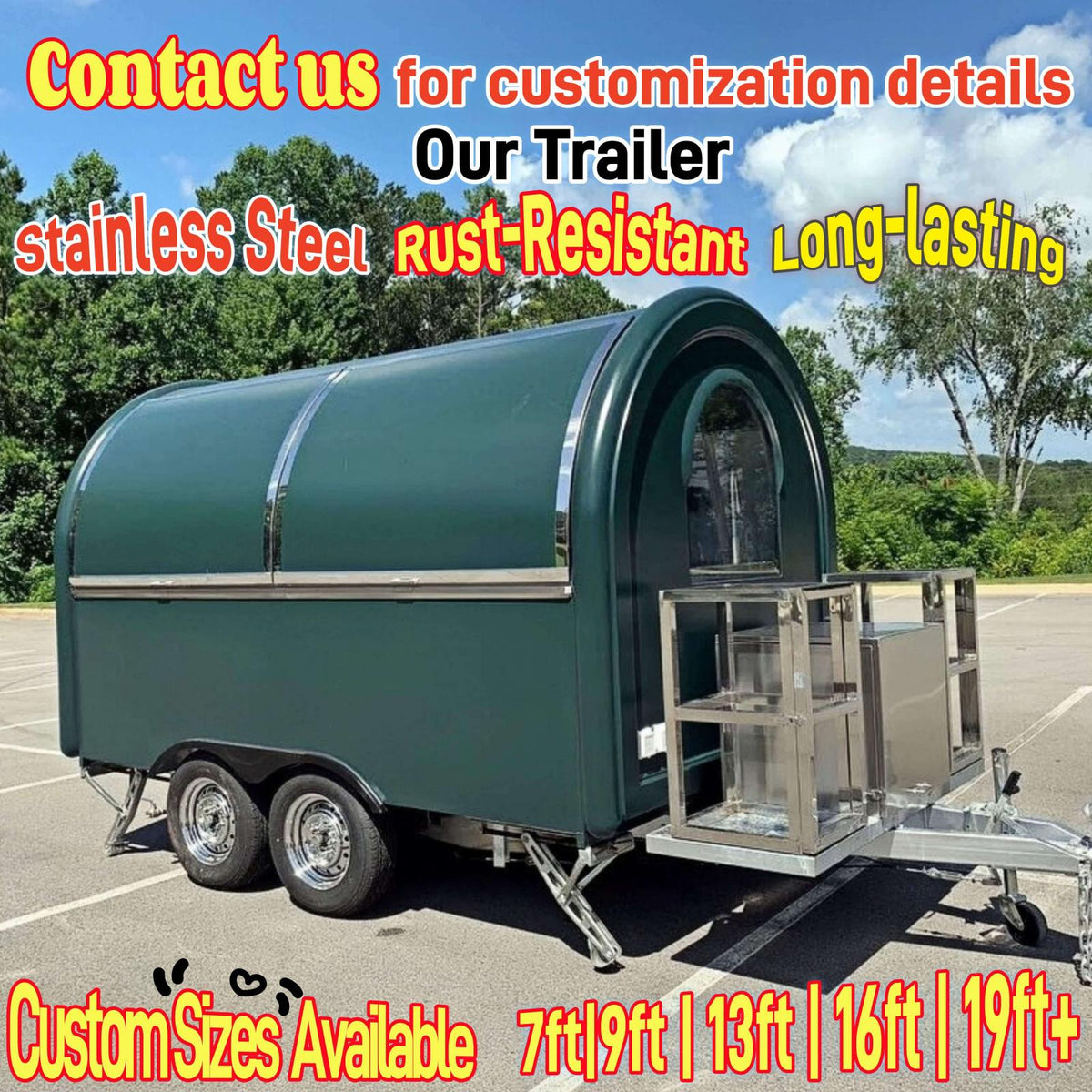 Front angle view of a rounded concession trailer showing the stainless steel propane tank storage cage mounted at the front.