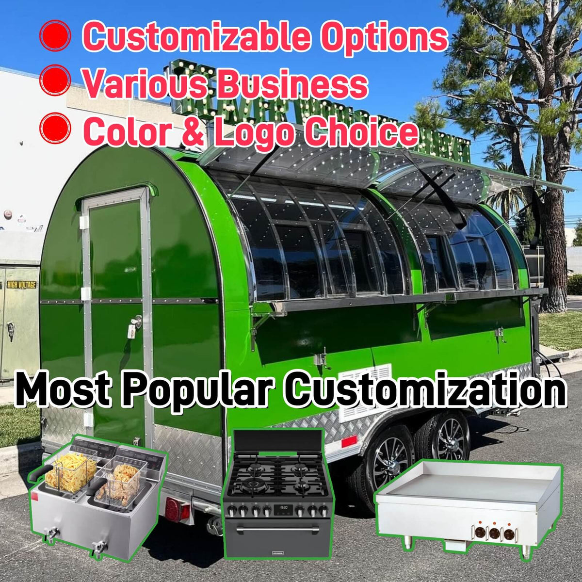 Side exterior view of a green rounded concession trailer with an open service window showing the curved tempered glass sliding panels and passenger side entry door