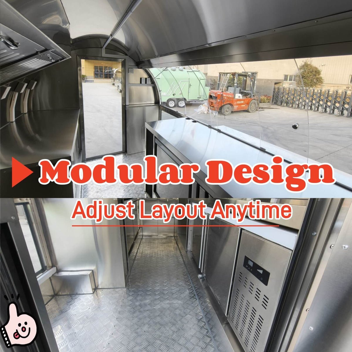 Interior view of a rounded concession trailer showing the stainless steel workbench and integrated under-counter refrigerator.