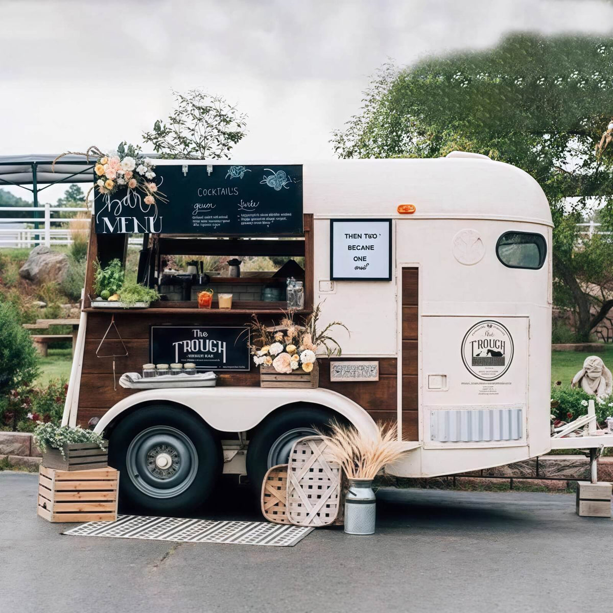 Rustic horse trailer cocktail bar – The Trough chalkboard menu wood panel wedding setup by Isabella Trailer
