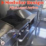 Interior view of a seafood trailer featuring a four burner cooking range and stainless steel preparation area