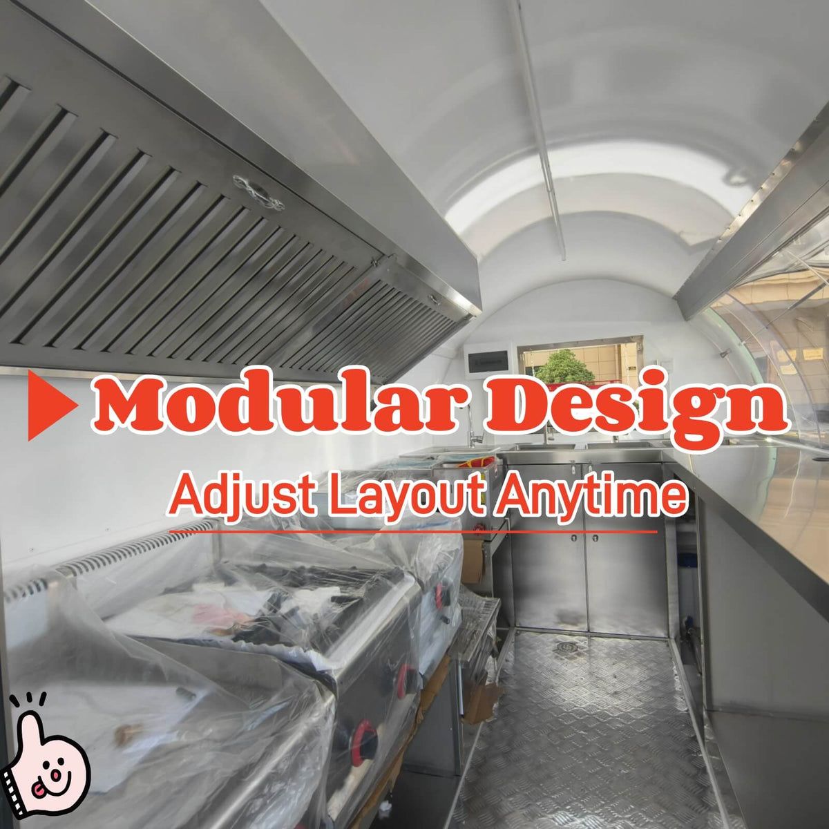 Small food trailer interior — arched ceiling, stainless exhaust hood, full-length work counter, diamond plate floor