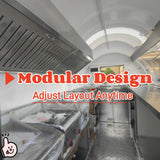 Small food trailer interior — arched ceiling, stainless exhaust hood, full-length work counter, diamond plate floor
