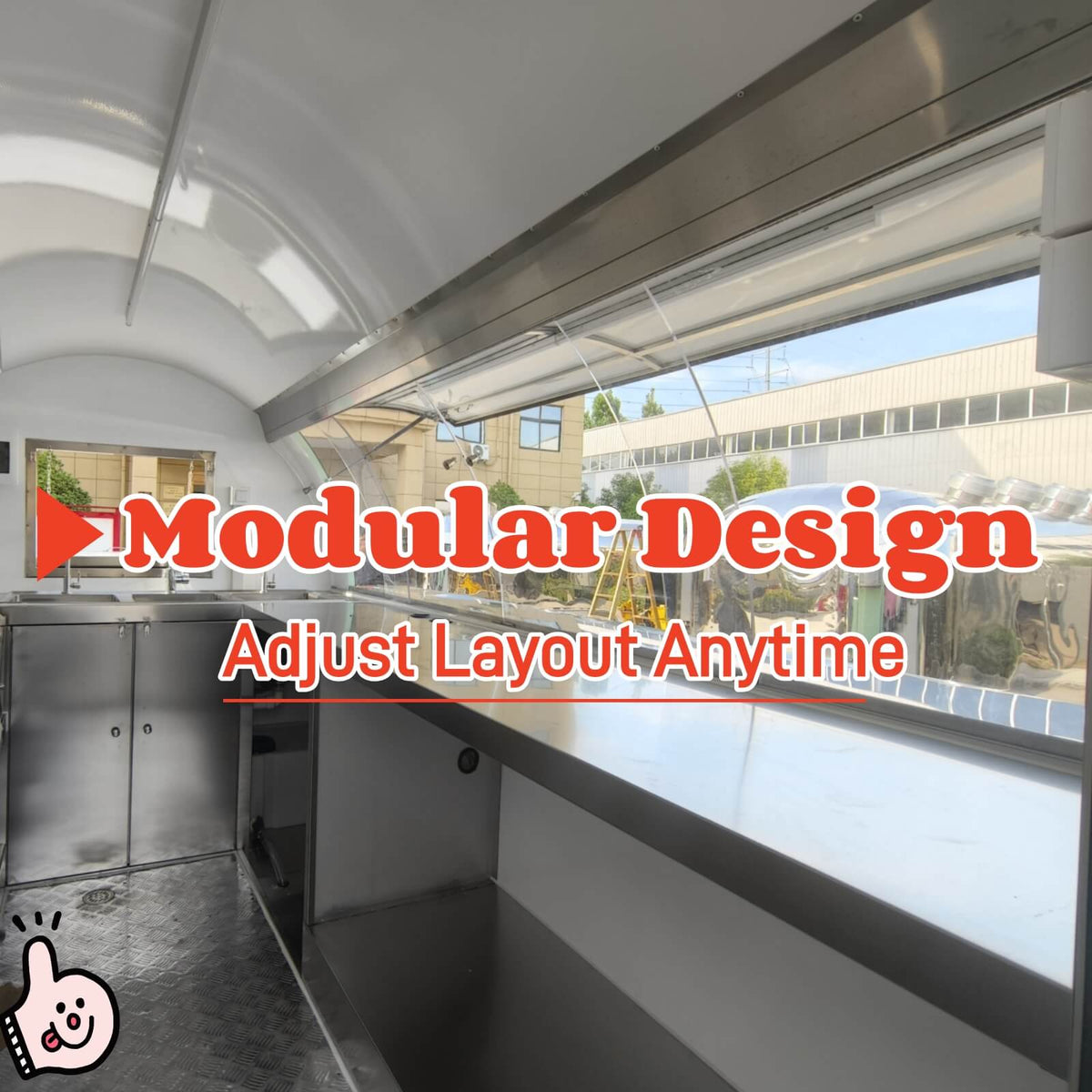 Mini concession trailer interior — full-width lift window, stainless counter, sink, storage cabinets, open-air service