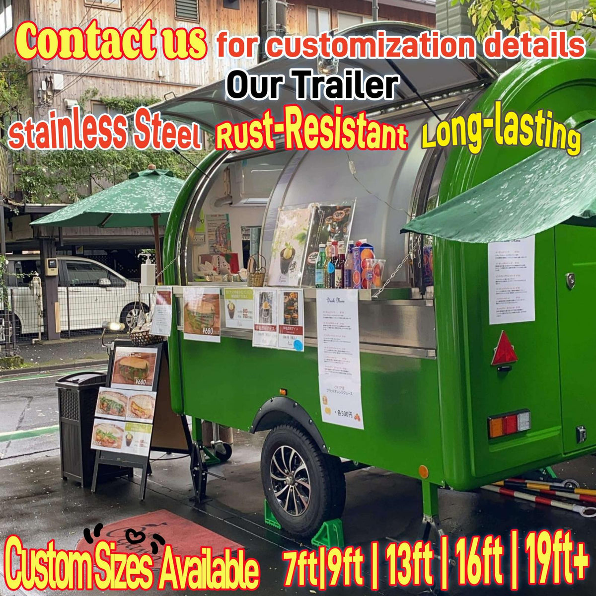 Custom small rounded concession trailer side view — open service window, mobile food trailer street operation