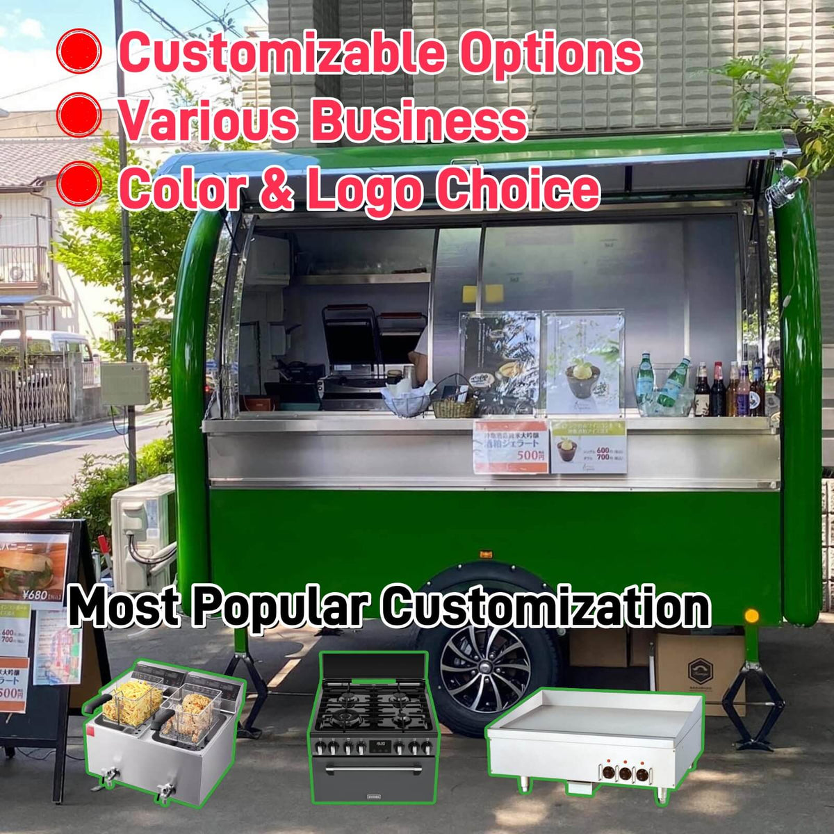 Custom mini food trailer for sale — optional kitchen equipment: deep fryer, gas range, flat top griddle, customizable