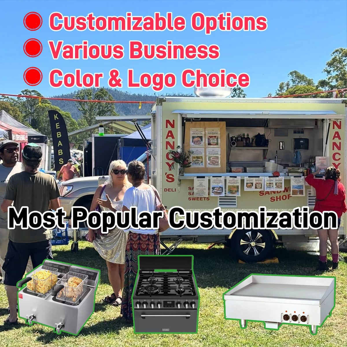 Small food trailer in operation with open service window, customers ordering food, and a busy mobile catering environment