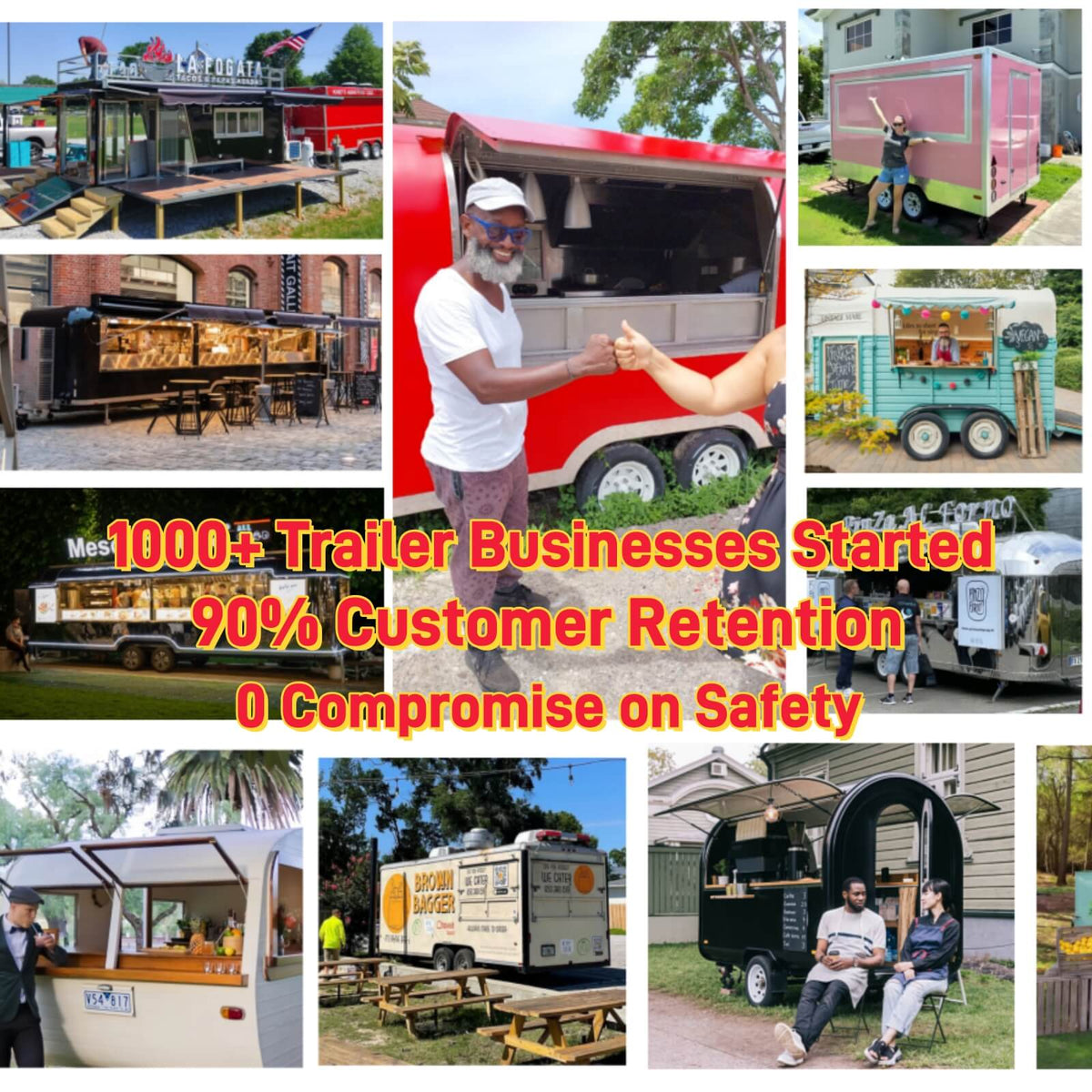 Real customer review collage showing various types of trailers in actual operation