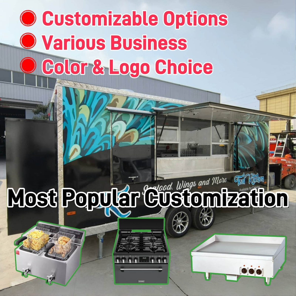 Side view of a square food trailer showing the entry door and customer service window layout