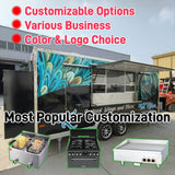 Side view of a square food trailer showing the entry door and customer service window layout