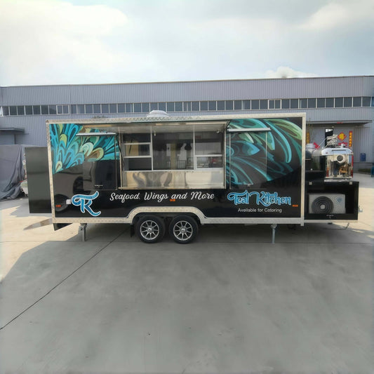 Front view of a square seafood concession trailer featuring a large service window with sliding glass panels