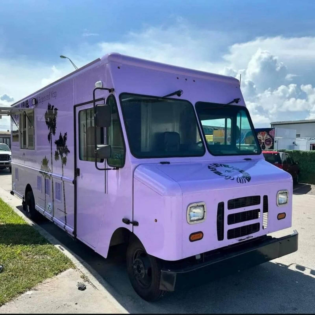 Lavender custom wrap taco food truck exterior – fully customizable step van mobile catering truck for sale