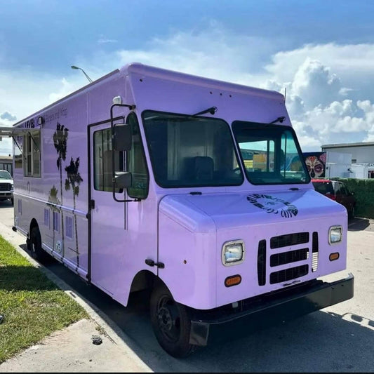Lavender custom wrap taco food truck exterior – fully customizable step van mobile catering truck for sale