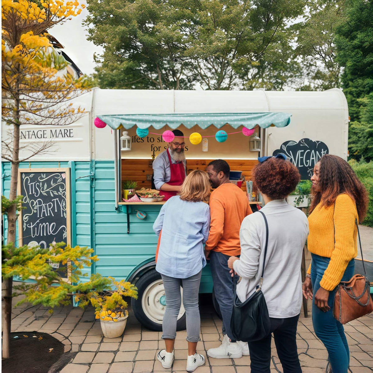 Vintage horse trailer food stall – teal color vegan street food customers queuing by Isabella Trailer