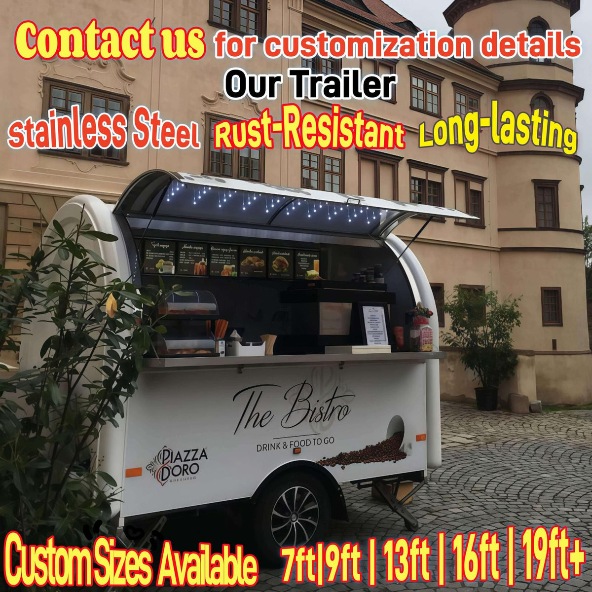 Side view of a white coffee trailer featuring a coffee bean decal design and open service window.