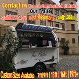 Side view of a white coffee trailer featuring a coffee bean decal design and open service window.